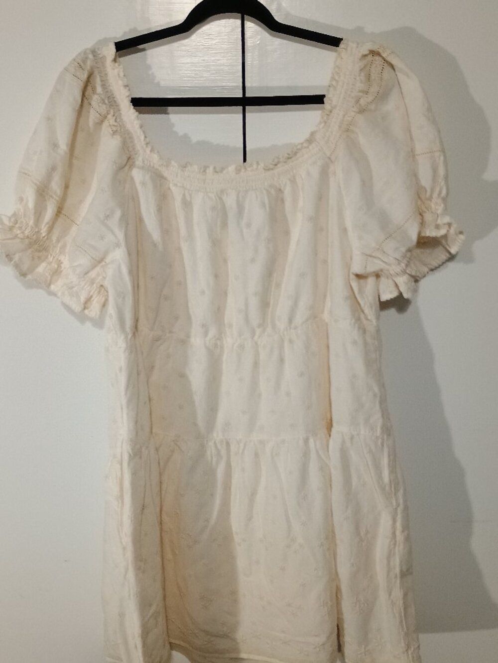 Old Navy XL Ivory Off Shoulder Peasant Mini Dress Embroidered Puff Sleeve Boho - Picture 3 of 7